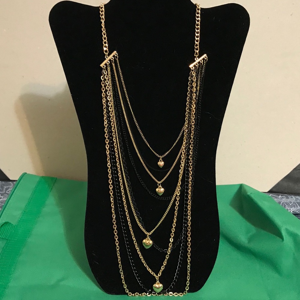 Gold & Black Chain Layers w/Hearts 18-32” Necklace